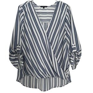 West Kei Women L Blouse Navy Blue White Stripe Wrap Front Top Roll Tab Sleeves